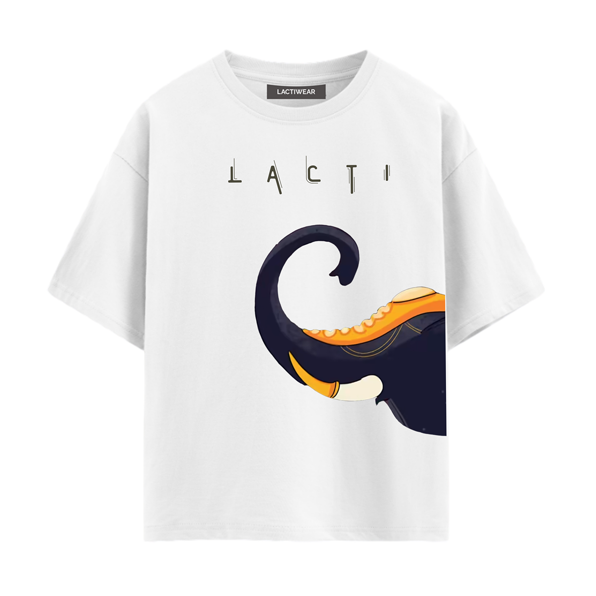 White t-shirt with a graphic design and 'LACTI' branding on a white background