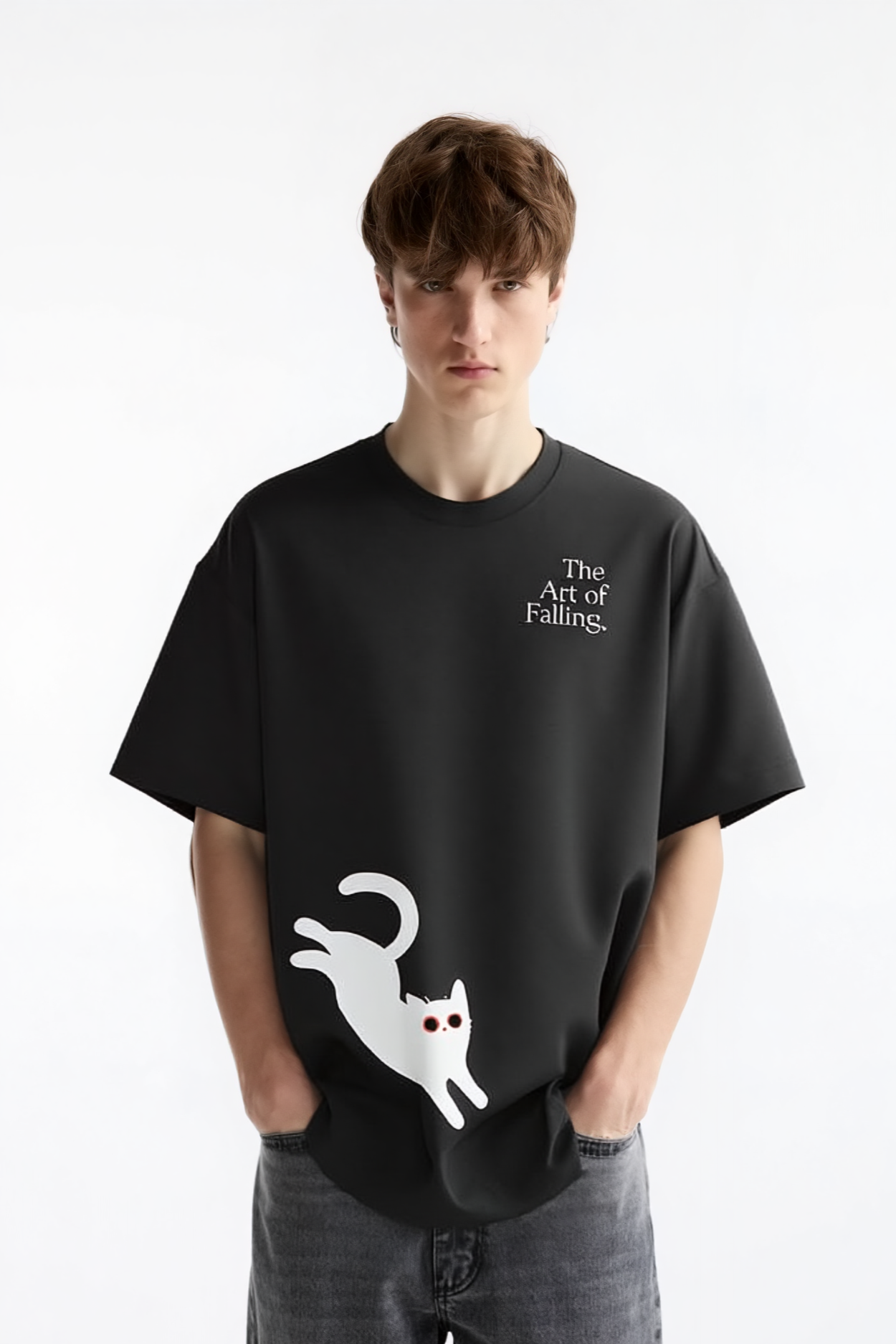 Cat Falling Black Oversized Tee