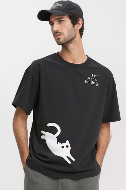 Cat Falling Black Oversized Tee