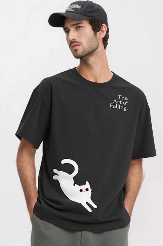 Cat Falling Black Oversized Tee