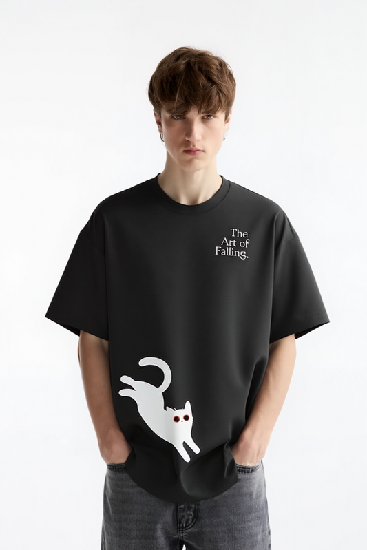 Cat Falling Black Oversized Tee
